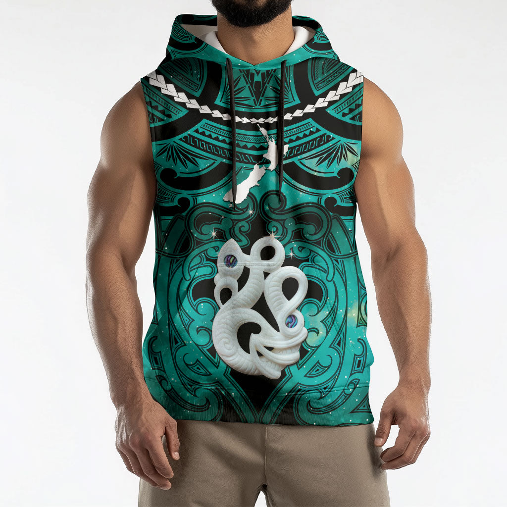 Personalised Maori Matariki Manaia Turquoise Sleeveless Hoodie Maori Kowhaiwhai Pattern Galaxy
