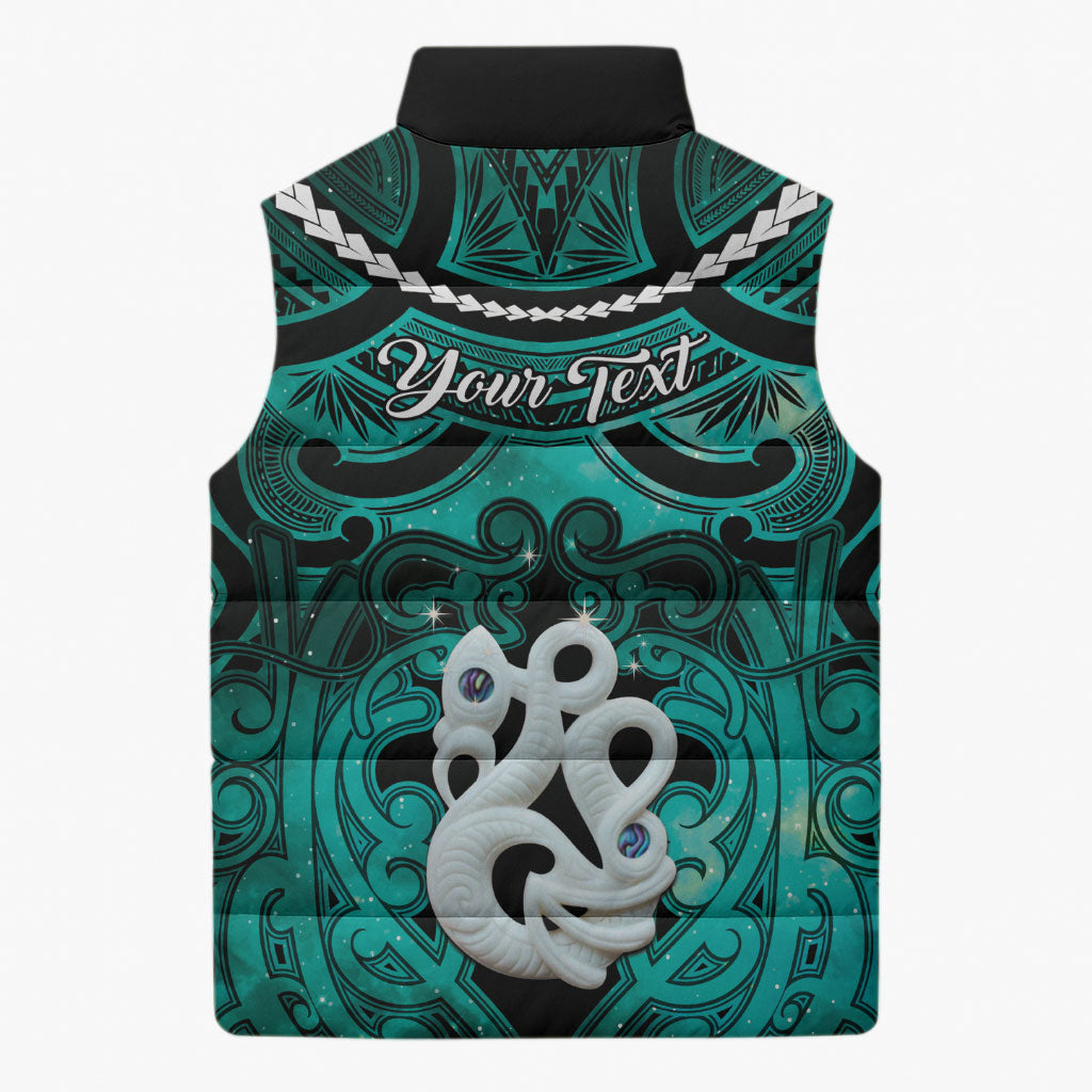 Personalised Maori Matariki Manaia Turquoise Sleeveless Puffer Jacket Maori Kowhaiwhai Pattern Galaxy