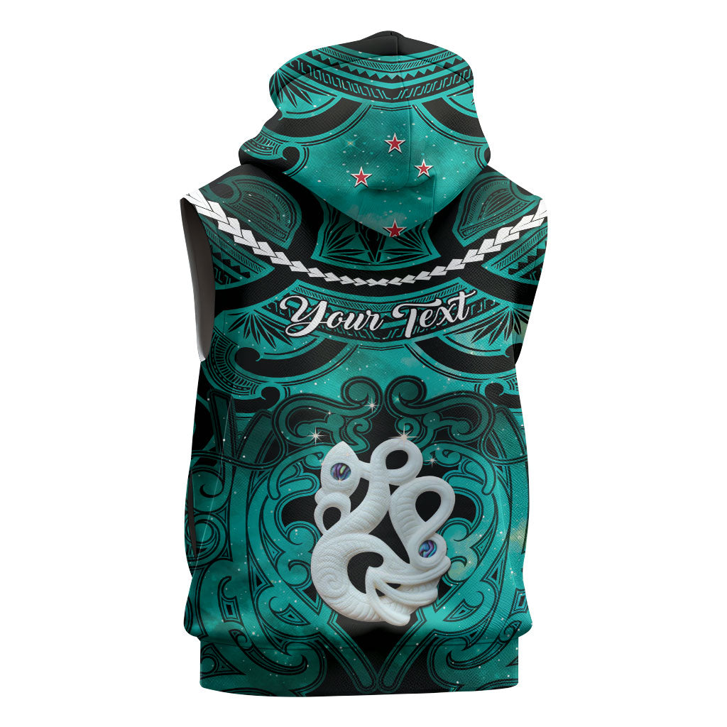 Personalised Maori Matariki Manaia Turquoise Sleeveless Zip Hoodie Maori Kowhaiwhai Pattern Galaxy