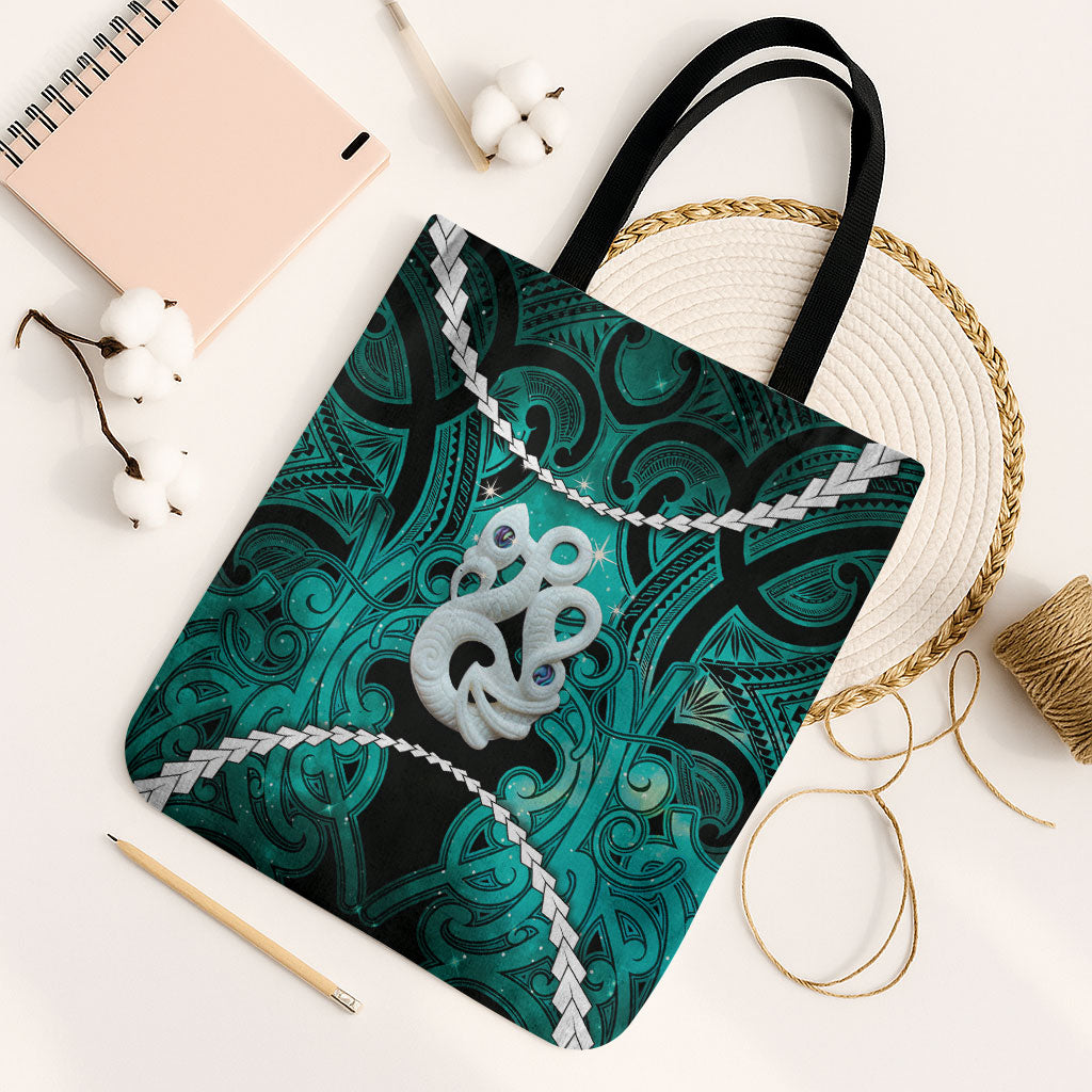 Maori Matariki Manaia Turquoise Tote Bag Maori Kowhaiwhai Pattern Galaxy
