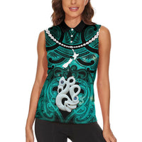 Personalised Maori Matariki Manaia Turquoise Women Sleeveless Polo Shirt Maori Kowhaiwhai Pattern Galaxy LT01 - Polynesian Pride