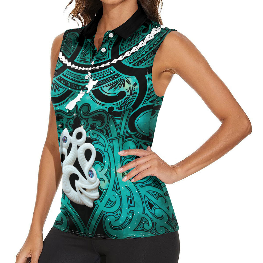 Personalised Maori Matariki Manaia Turquoise Women Sleeveless Polo Shirt Maori Kowhaiwhai Pattern Galaxy LT01 - Polynesian Pride