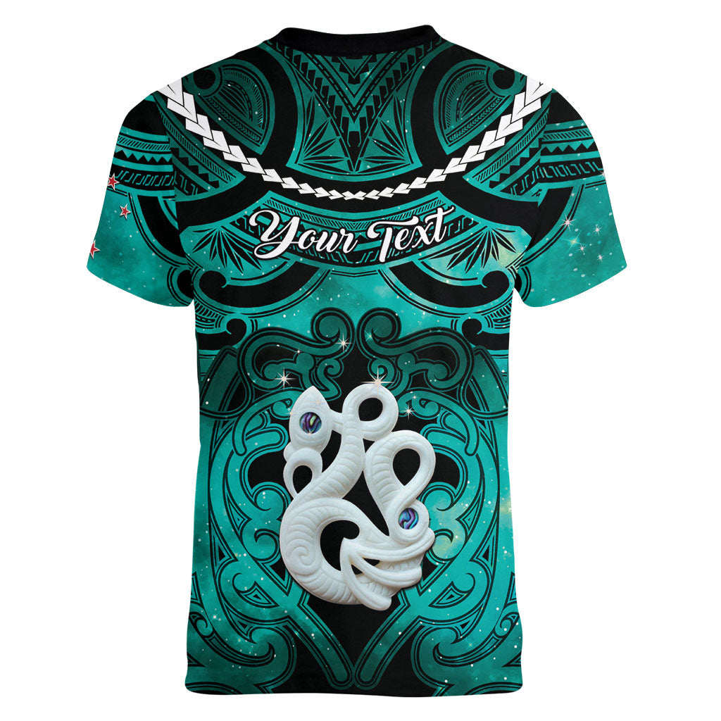 Personalised Maori Matariki Manaia Turquoise Women V-Neck T-Shirt Maori Kowhaiwhai Pattern Galaxy LT01 - Polynesian Pride