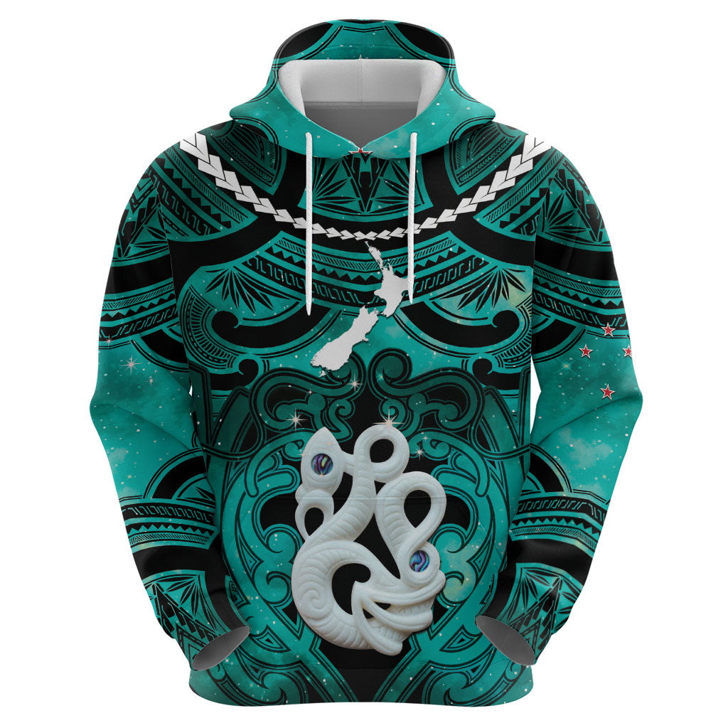 Personalised Maori Matariki Manaia Turquoise Zip Hoodie Maori Kowhaiwhai Pattern Galaxy