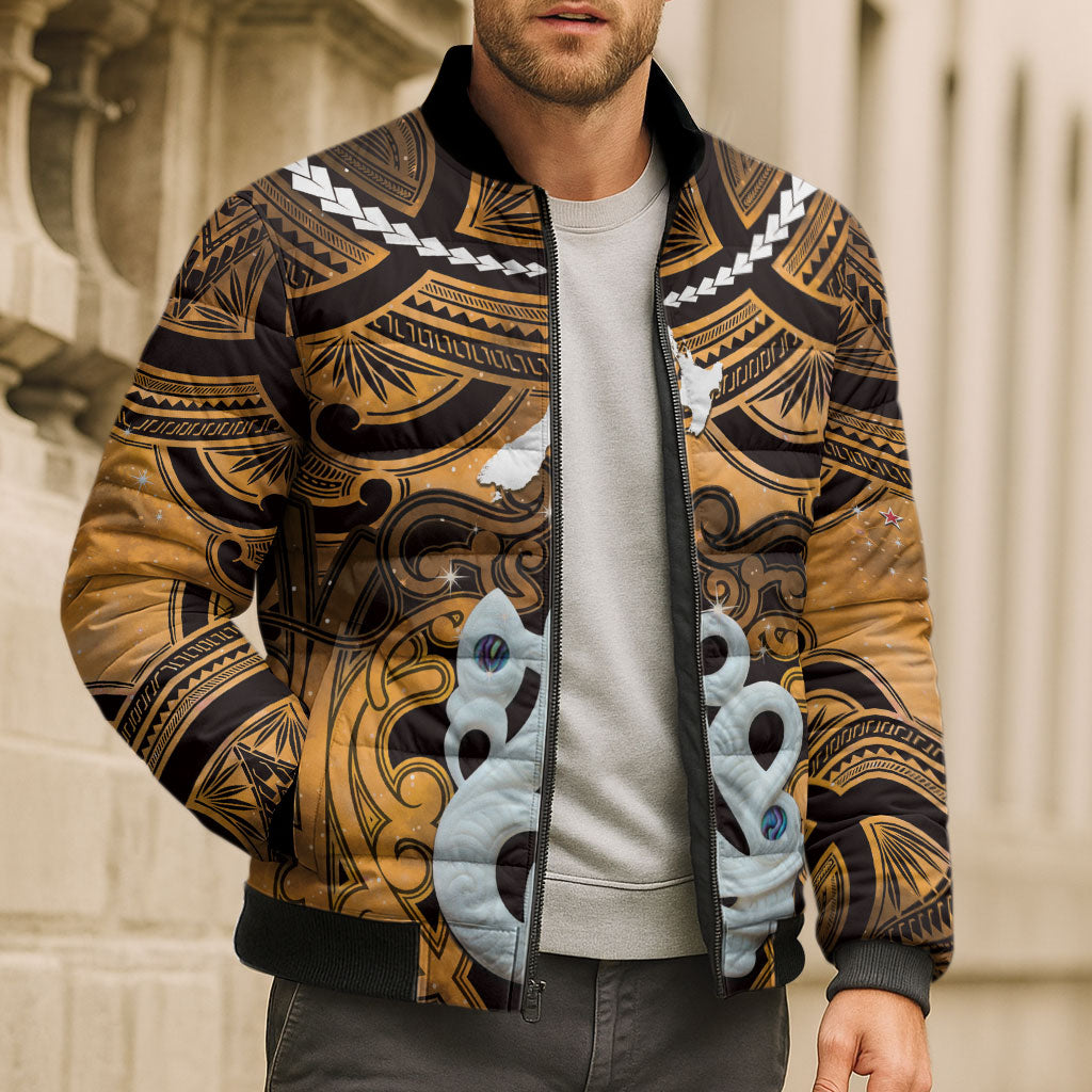 Personalised Maori Matariki Manaia Kowhai Bomber Puffer Jacket Maori Kowhaiwhai Pattern Galaxy