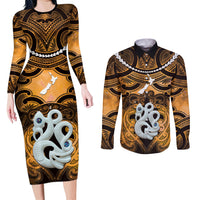Personalised Maori Matariki Manaia Kowhai Couples Matching Long Sleeve Bodycon Dress and Long Sleeve Button Shirt Maori Kowhaiwhai Pattern Galaxy LT01 Yellow - Polynesian Pride