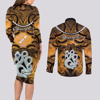 Personalised Maori Matariki Manaia Kowhai Couples Matching Long Sleeve Bodycon Dress and Long Sleeve Button Shirt Maori Kowhaiwhai Pattern Galaxy LT01 - Polynesian Pride