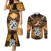 Personalised Maori Matariki Manaia Kowhai Couples Matching Mermaid Dress and Long Sleeve Button Shirt Maori Kowhaiwhai Pattern Galaxy LT01 Yellow - Polynesian Pride