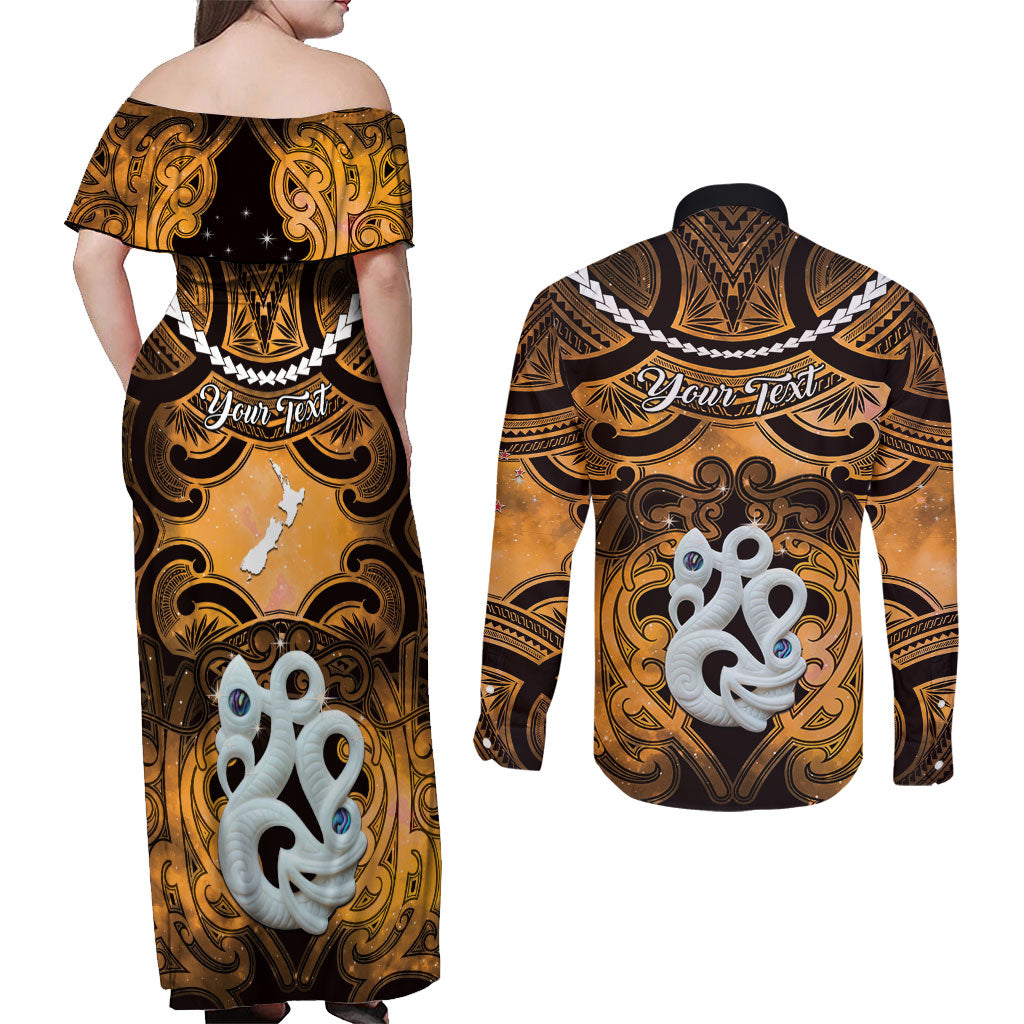Personalised Maori Matariki Manaia Kowhai Couples Matching Off Shoulder Maxi Dress and Long Sleeve Button Shirt Maori Kowhaiwhai Pattern Galaxy LT01 - Polynesian Pride