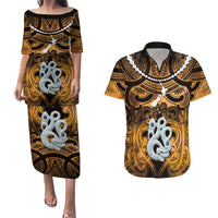 Personalised Maori Matariki Manaia Kowhai Couples Matching Puletasi and Hawaiian Shirt Maori Kowhaiwhai Pattern Galaxy LT01 Yellow - Polynesian Pride