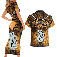 Personalised Maori Matariki Manaia Kowhai Couples Matching Short Sleeve Bodycon Dress and Hawaiian Shirt Maori Kowhaiwhai Pattern Galaxy LT01 - Polynesian Pride