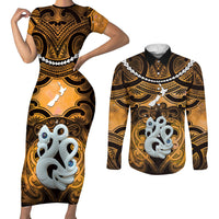 Personalised Maori Matariki Manaia Kowhai Couples Matching Short Sleeve Bodycon Dress and Long Sleeve Button Shirt Maori Kowhaiwhai Pattern Galaxy LT01 Yellow - Polynesian Pride