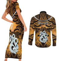Personalised Maori Matariki Manaia Kowhai Couples Matching Short Sleeve Bodycon Dress and Long Sleeve Button Shirt Maori Kowhaiwhai Pattern Galaxy LT01 - Polynesian Pride