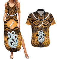 Personalised Maori Matariki Manaia Kowhai Couples Matching Summer Maxi Dress and Hawaiian Shirt Maori Kowhaiwhai Pattern Galaxy LT01 Yellow - Polynesian Pride