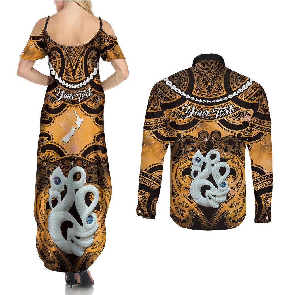 Personalised Maori Matariki Manaia Kowhai Couples Matching Summer Maxi Dress and Long Sleeve Button Shirt Maori Kowhaiwhai Pattern Galaxy LT01 - Polynesian Pride