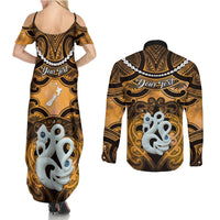 Personalised Maori Matariki Manaia Kowhai Couples Matching Summer Maxi Dress and Long Sleeve Button Shirt Maori Kowhaiwhai Pattern Galaxy LT01 - Polynesian Pride