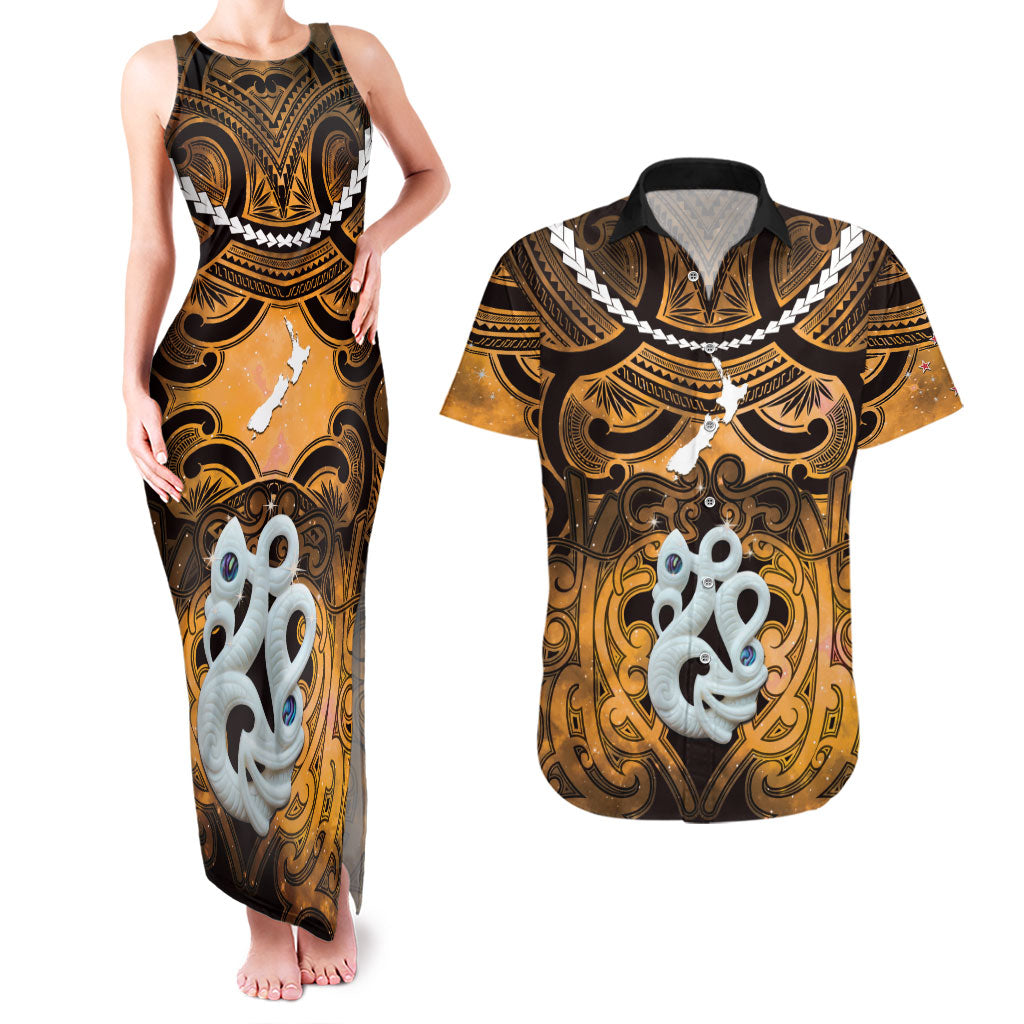 Personalised Maori Matariki Manaia Kowhai Couples Matching Tank Maxi Dress and Hawaiian Shirt Maori Kowhaiwhai Pattern Galaxy LT01 Yellow - Polynesian Pride