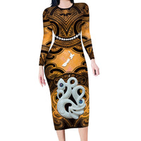 Personalised Maori Matariki Manaia Kowhai Family Matching Long Sleeve Bodycon Dress and Hawaiian Shirt Maori Kowhaiwhai Pattern Galaxy LT01 Mom's Dress Yellow - Polynesian Pride