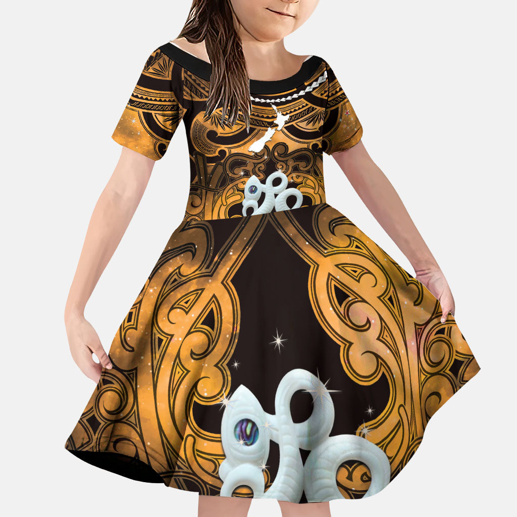 Personalised Maori Matariki Manaia Kowhai Family Matching Mermaid Dress and Hawaiian Shirt Maori Kowhaiwhai Pattern Galaxy LT01 Daughter's Dress Yellow - Polynesian Pride