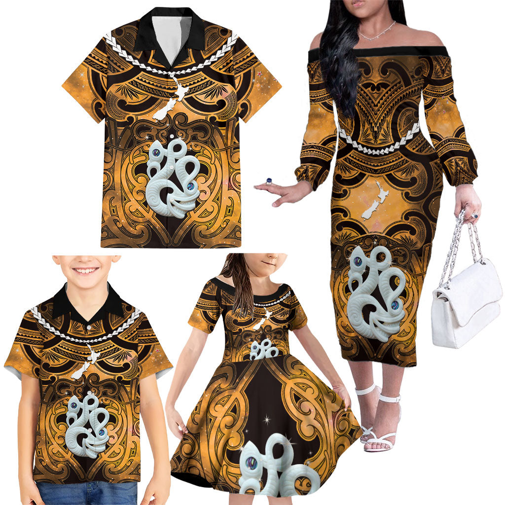 Personalised Maori Matariki Manaia Kowhai Family Matching Off The Shoulder Long Sleeve Dress and Hawaiian Shirt Maori Kowhaiwhai Pattern Galaxy LT01 - Polynesian Pride