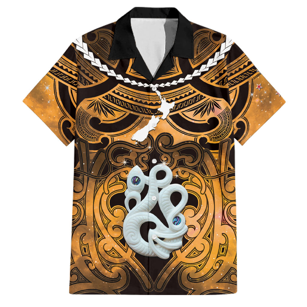 Personalised Maori Matariki Manaia Kowhai Family Matching Off The Shoulder Long Sleeve Dress and Hawaiian Shirt Maori Kowhaiwhai Pattern Galaxy LT01 Dad's Shirt - Short Sleeve Yellow - Polynesian Pride