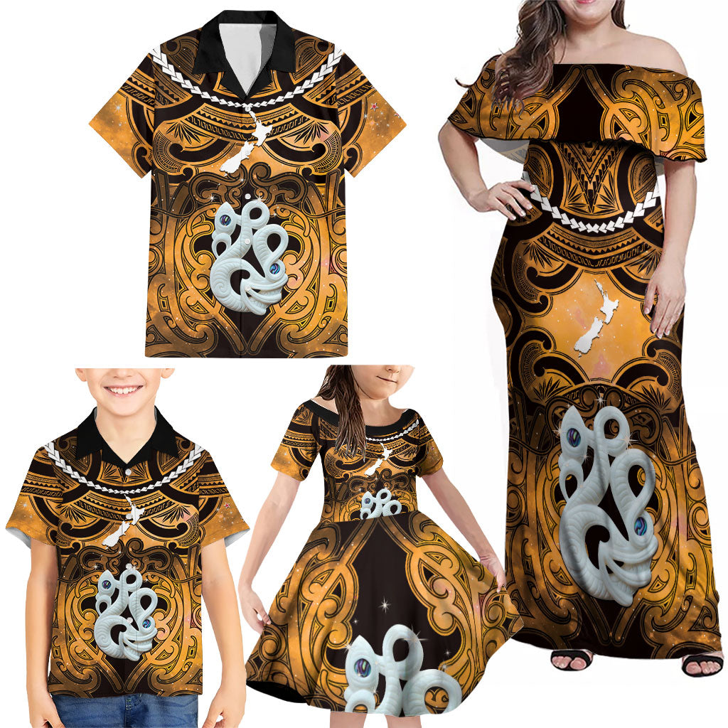 Personalised Maori Matariki Manaia Kowhai Family Matching Off Shoulder Maxi Dress and Hawaiian Shirt Maori Kowhaiwhai Pattern Galaxy LT01 - Polynesian Pride
