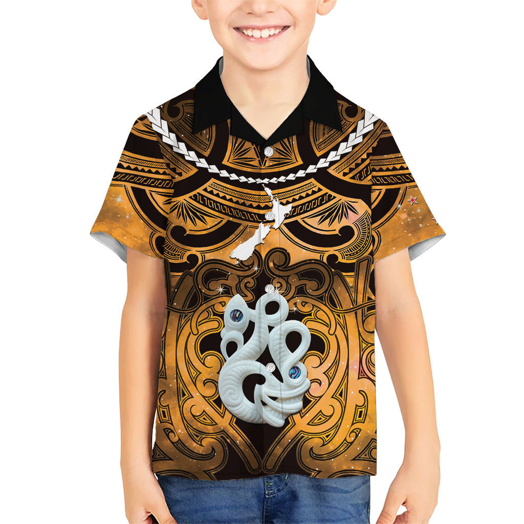 Personalised Maori Matariki Manaia Kowhai Family Matching Off Shoulder Maxi Dress and Hawaiian Shirt Maori Kowhaiwhai Pattern Galaxy LT01 Son's Shirt Yellow - Polynesian Pride
