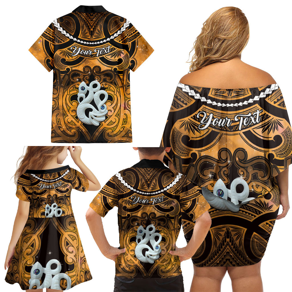 Personalised Maori Matariki Manaia Kowhai Family Matching Off Shoulder Short Dress and Hawaiian Shirt Maori Kowhaiwhai Pattern Galaxy LT01 - Polynesian Pride