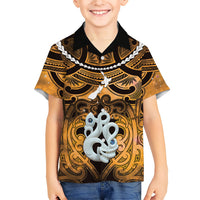 Personalised Maori Matariki Manaia Kowhai Family Matching Off Shoulder Short Dress and Hawaiian Shirt Maori Kowhaiwhai Pattern Galaxy LT01 Son's Shirt Yellow - Polynesian Pride
