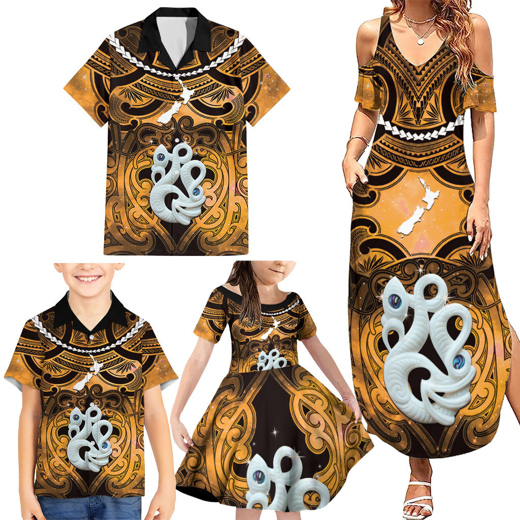 Personalised Maori Matariki Manaia Kowhai Family Matching Summer Maxi Dress and Hawaiian Shirt Maori Kowhaiwhai Pattern Galaxy