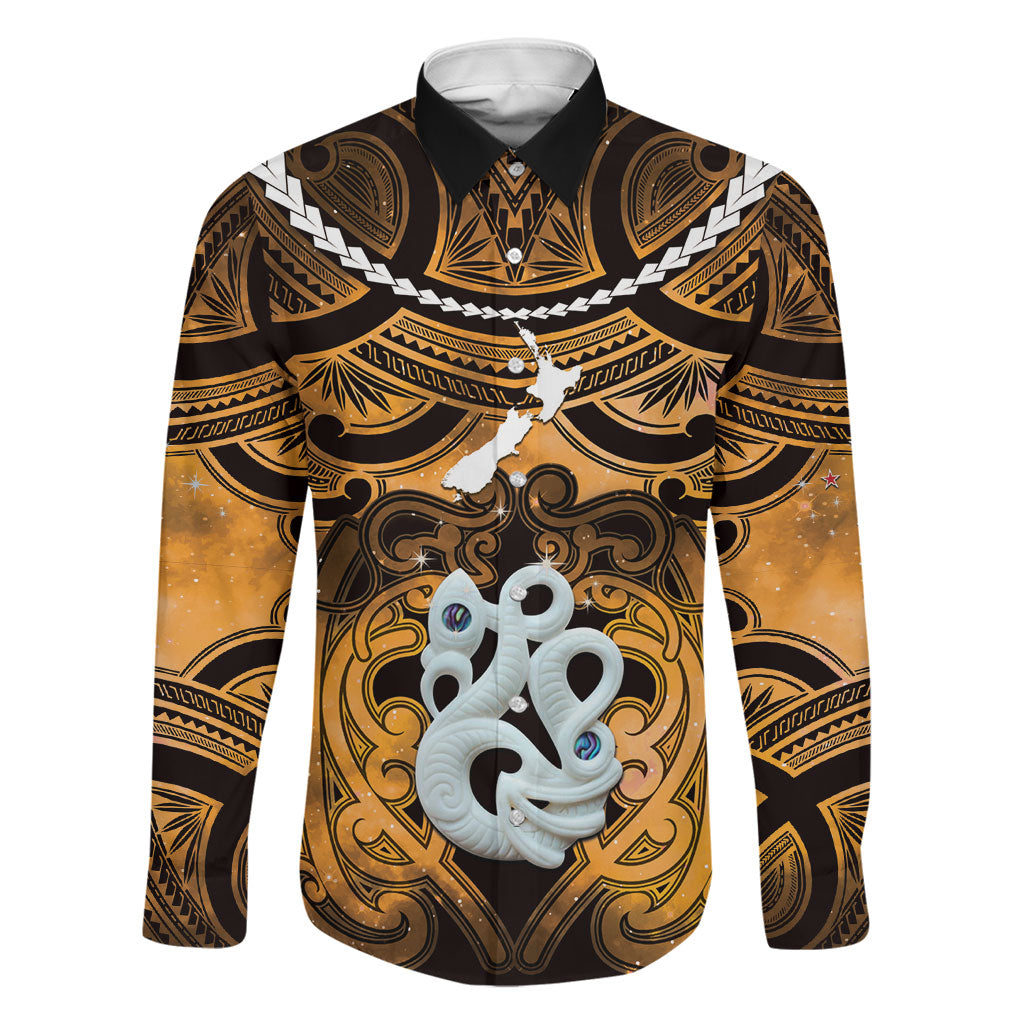 Personalised Maori Matariki Manaia Kowhai Family Matching Tank Maxi Dress and Hawaiian Shirt Maori Kowhaiwhai Pattern Galaxy LT01 Dad's Shirt - Long Sleeve Yellow - Polynesian Pride