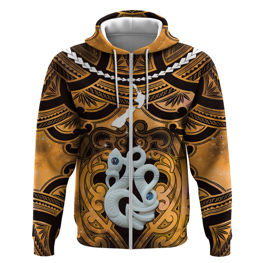 Personalised Maori Matariki Manaia Kowhai Hoodie Maori Kowhaiwhai Pattern Galaxy LT01 Zip Hoodie Yellow - Polynesian Pride