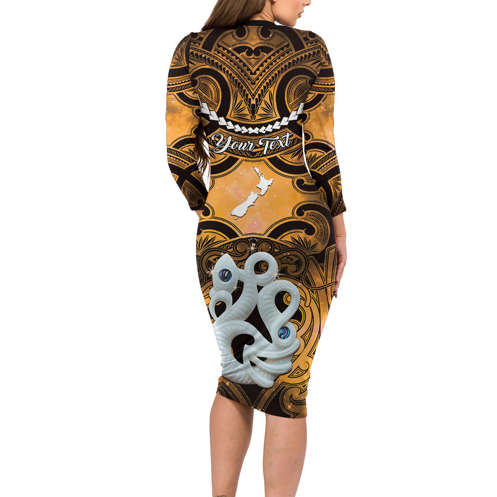 Personalised Maori Matariki Manaia Kowhai Long Sleeve Bodycon Dress Maori Kowhaiwhai Pattern Galaxy