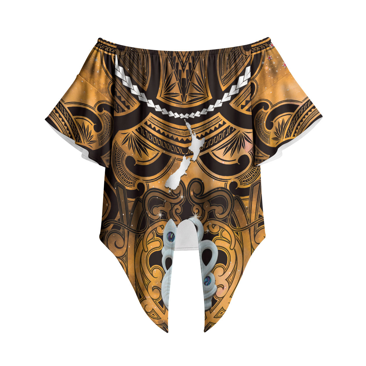 Personalised Maori Matariki Manaia Kowhai Off Shoulder Wrap Waist Top Maori Kowhaiwhai Pattern Galaxy LT01 Yellow - Polynesian Pride
