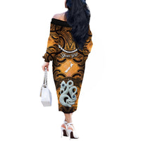 Personalised Maori Matariki Manaia Kowhai Off The Shoulder Long Sleeve Dress Maori Kowhaiwhai Pattern Galaxy LT01 - Polynesian Pride