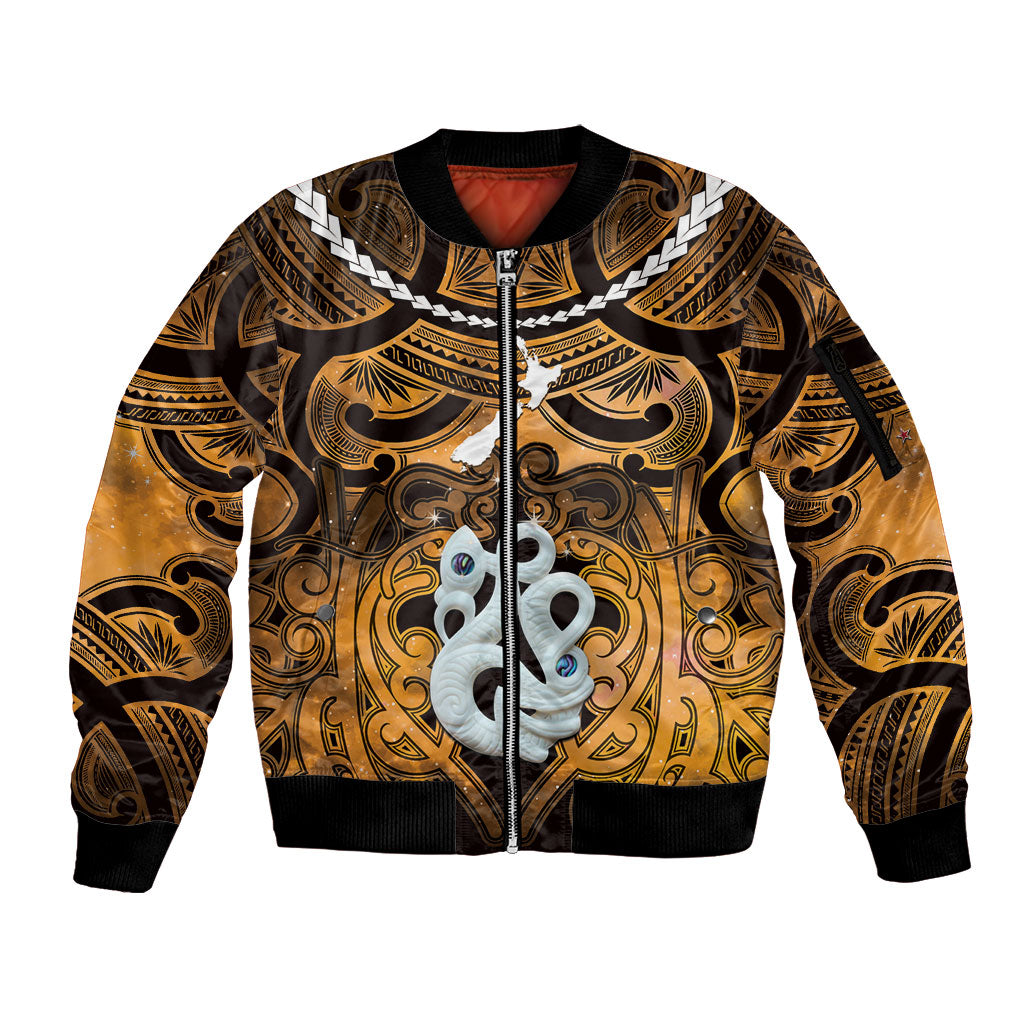 Personalised Maori Matariki Manaia Kowhai Sleeve Zip Bomber Jacket Maori Kowhaiwhai Pattern Galaxy
