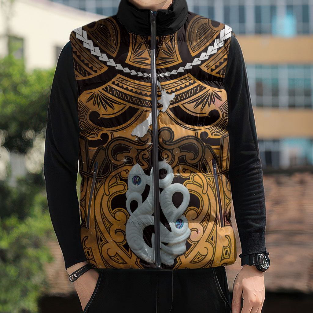 Personalised Maori Matariki Manaia Kowhai Sleeveless Puffer Jacket Maori Kowhaiwhai Pattern Galaxy