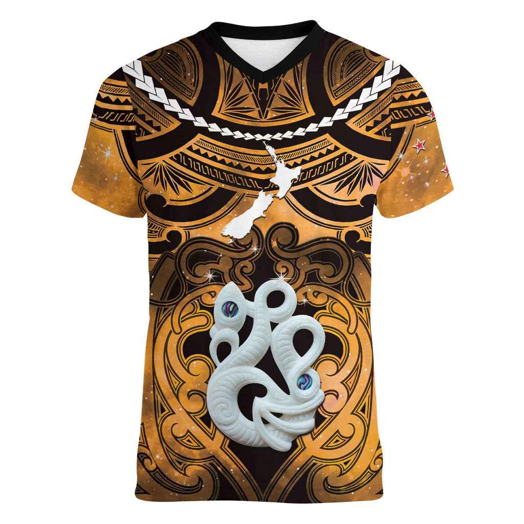 Personalised Maori Matariki Manaia Kowhai Women V-Neck T-Shirt Maori Kowhaiwhai Pattern Galaxy LT01 Female Yellow - Polynesian Pride