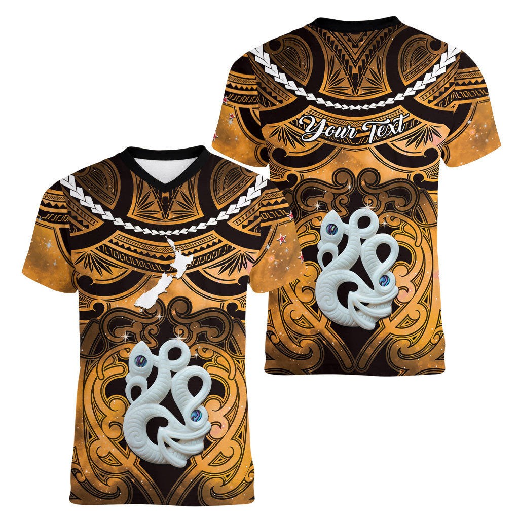 Personalised Maori Matariki Manaia Kowhai Women V-Neck T-Shirt Maori Kowhaiwhai Pattern Galaxy LT01 - Polynesian Pride