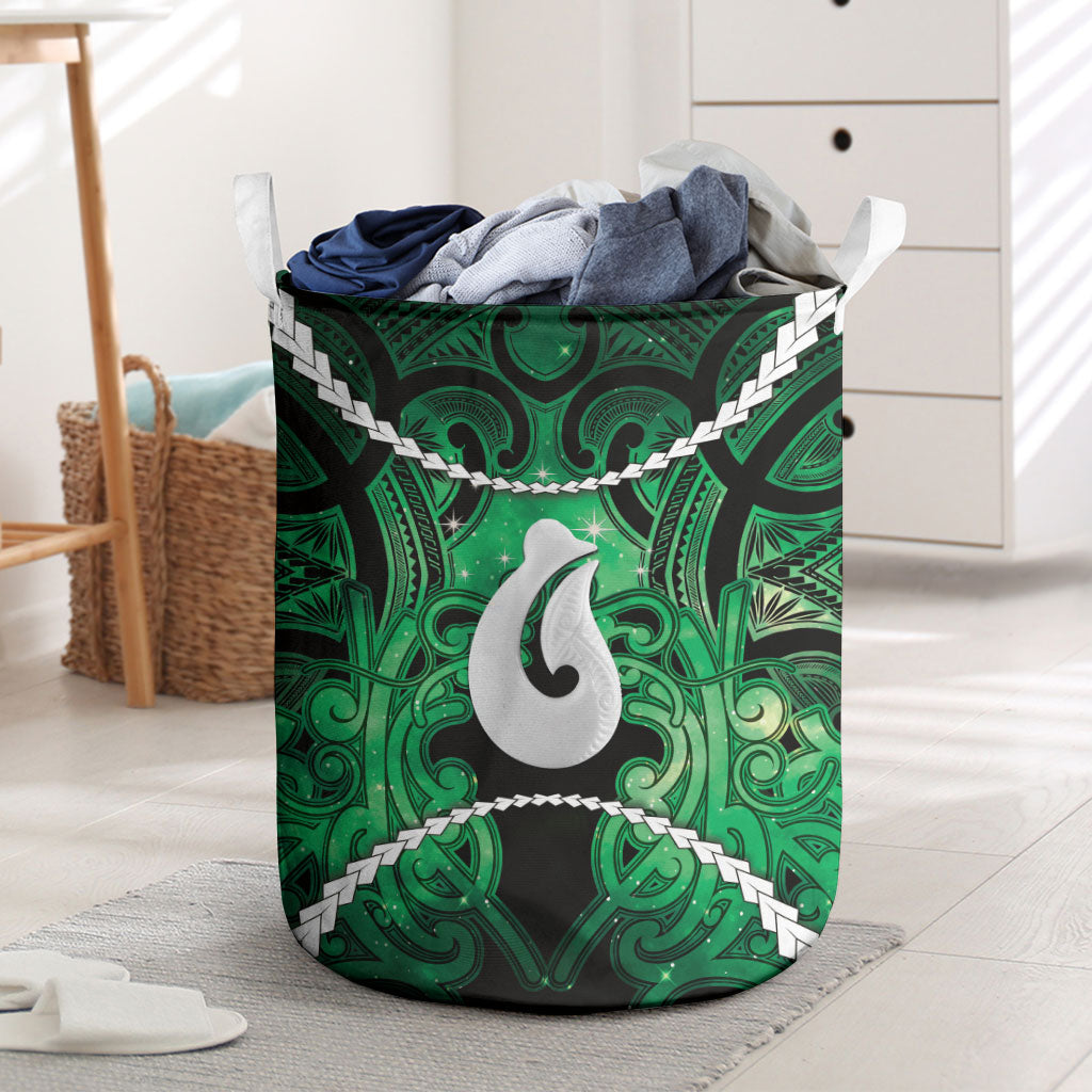 Maori Matariki Hei Matau Kakariki Laundry Basket Maori Kowhaiwhai Pattern Galaxy LT01 Green - Polynesian Pride