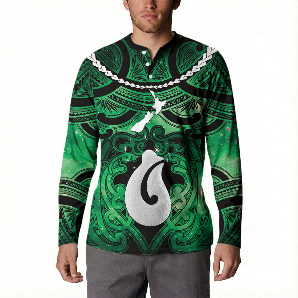 Personalised Maori Matariki Hei Matau Kakariki Button Sweatshirt Maori Kowhaiwhai Pattern Galaxy