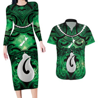 Personalised Maori Matariki Hei Matau Kakariki Couples Matching Long Sleeve Bodycon Dress and Hawaiian Shirt Maori Kowhaiwhai Pattern Galaxy LT01 Green - Polynesian Pride