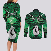 Personalised Maori Matariki Hei Matau Kakariki Couples Matching Long Sleeve Bodycon Dress and Long Sleeve Button Shirt Maori Kowhaiwhai Pattern Galaxy LT01 - Polynesian Pride