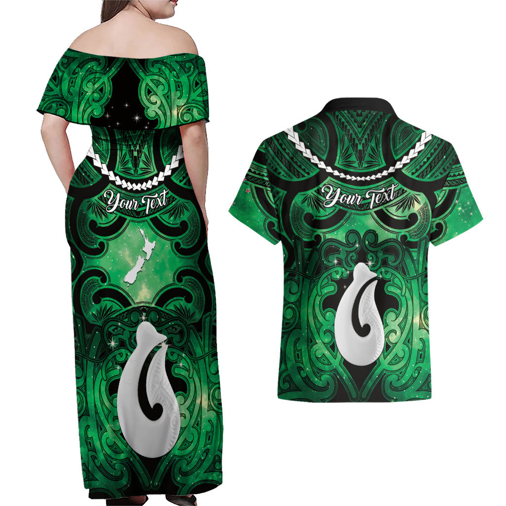 Personalised Maori Matariki Hei Matau Kakariki Couples Matching Off Shoulder Maxi Dress and Hawaiian Shirt Maori Kowhaiwhai Pattern Galaxy LT01 - Polynesian Pride
