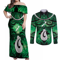 Personalised Maori Matariki Hei Matau Kakariki Couples Matching Off Shoulder Maxi Dress and Long Sleeve Button Shirt Maori Kowhaiwhai Pattern Galaxy LT01 Green - Polynesian Pride