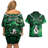 Personalised Maori Matariki Hei Matau Kakariki Couples Matching Off Shoulder Short Dress and Hawaiian Shirt Maori Kowhaiwhai Pattern Galaxy LT01 - Polynesian Pride