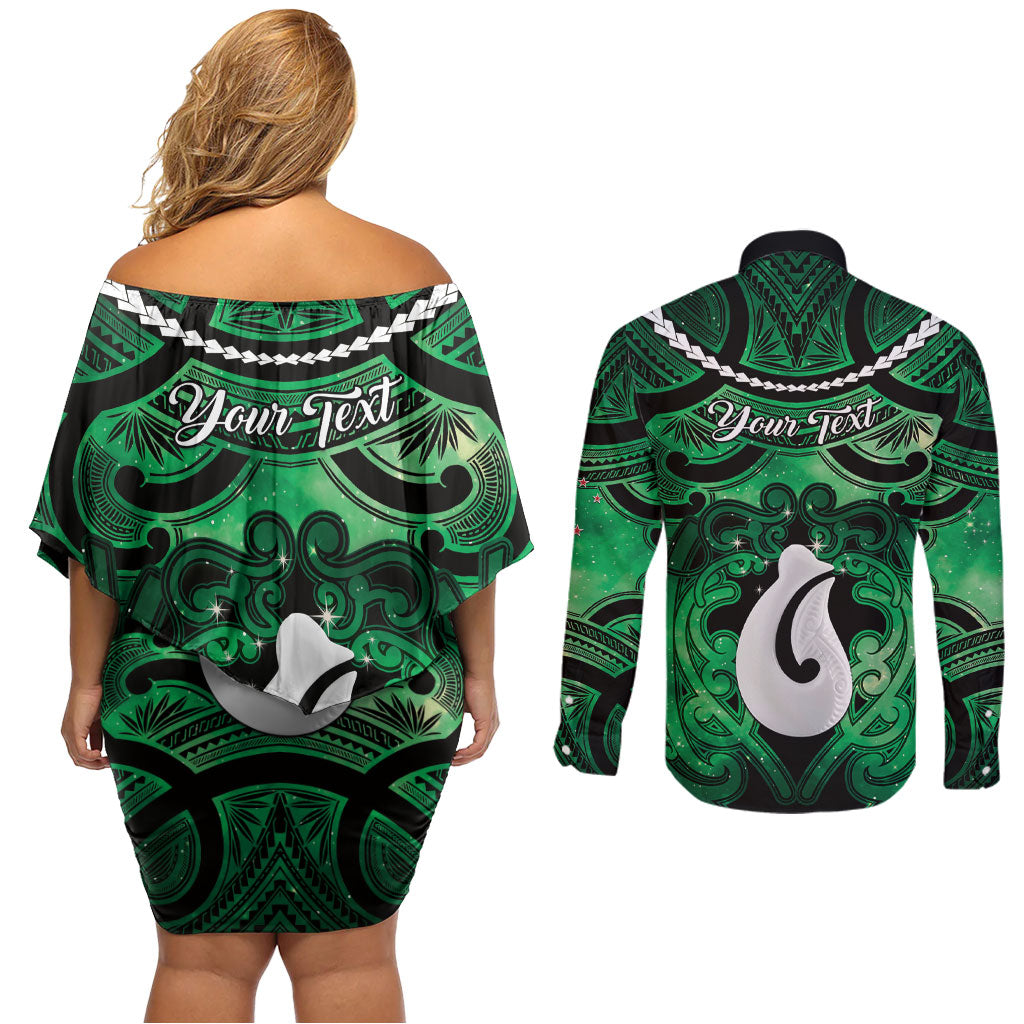 Personalised Maori Matariki Hei Matau Kakariki Couples Matching Off Shoulder Short Dress and Long Sleeve Button Shirt Maori Kowhaiwhai Pattern Galaxy LT01 - Polynesian Pride