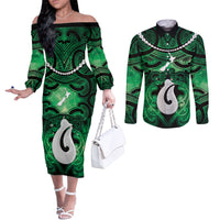 Personalised Maori Matariki Hei Matau Kakariki Couples Matching Off The Shoulder Long Sleeve Dress and Long Sleeve Button Shirt Maori Kowhaiwhai Pattern Galaxy LT01 Green - Polynesian Pride