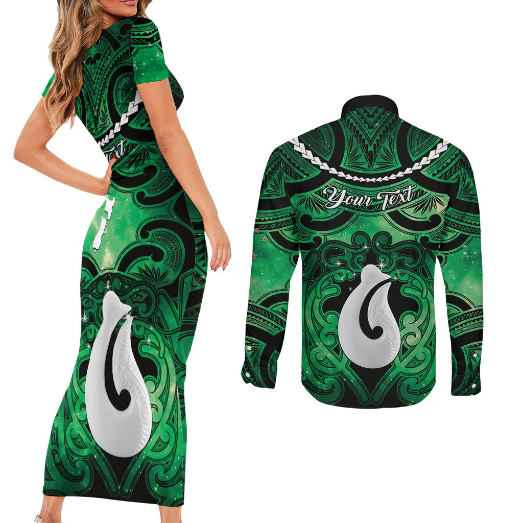 Personalised Maori Matariki Hei Matau Kakariki Couples Matching Short Sleeve Bodycon Dress and Long Sleeve Button Shirt Maori Kowhaiwhai Pattern Galaxy LT01 - Polynesian Pride