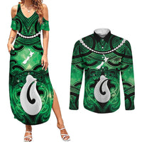 Personalised Maori Matariki Hei Matau Kakariki Couples Matching Summer Maxi Dress and Long Sleeve Button Shirt Maori Kowhaiwhai Pattern Galaxy LT01 Green - Polynesian Pride